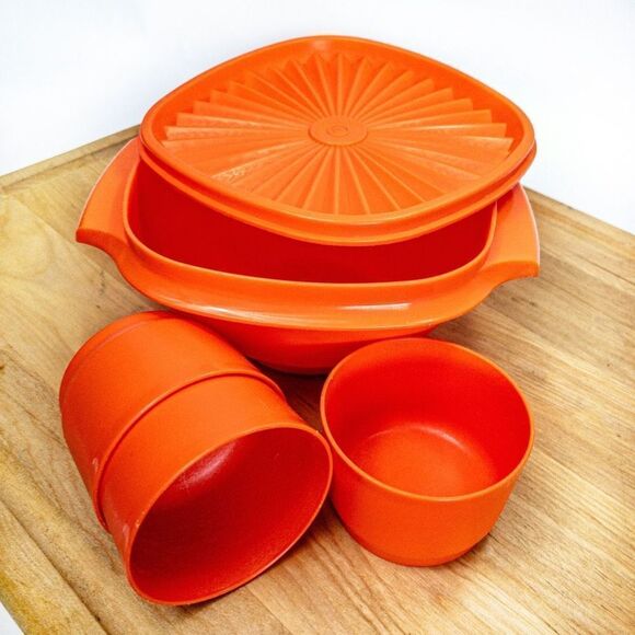 VTG Orange Tupperware Bundle: 6” Servalier Bowl w/ Lid, 3 Snack Cups - Picture 3 of 6